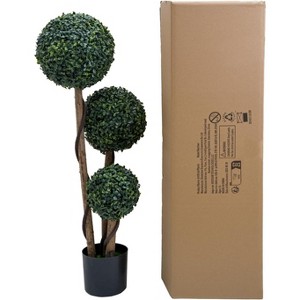 35" Artificial Triple Ball Topiary Tree, UV-Resistant Boxwood Plant for Porch Garden Home Decor (1 Pack) - 1 of 4