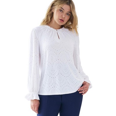 ellos Women's Plus Size Long Sleeve Knit Eyelet Top With Keyhole Neckline