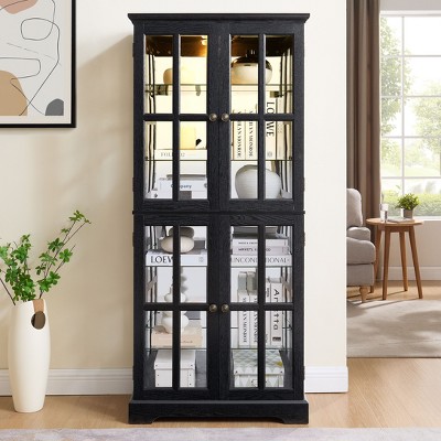 Sapphtopaz Antique 6-Tier Bookcase with Glass Doors Adjustable Shelves, Curio Display Cabinet, Bookshelf Showcase for Home or Office