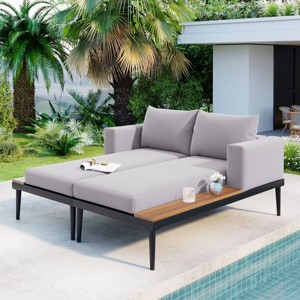 Modern Metal Day Bed Outdoor Chaise Lounger, 2-in-1 Padded Pool Loungers with Wood-Topped Side Spaces for Patio, Poolside – Maison Boucle - 1 of 4