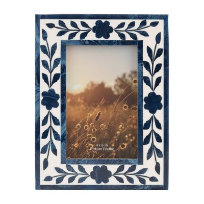 Sagebrook Home 4" x 6" Picture Frame - Blue and White Floral Petals Polyresin Portrait Holder - Decorative Glass Frame for Home
