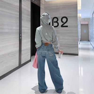 Mocamel Women's High Waist Wide Leg Denim Jeans with Back Embroidery Light Blue
