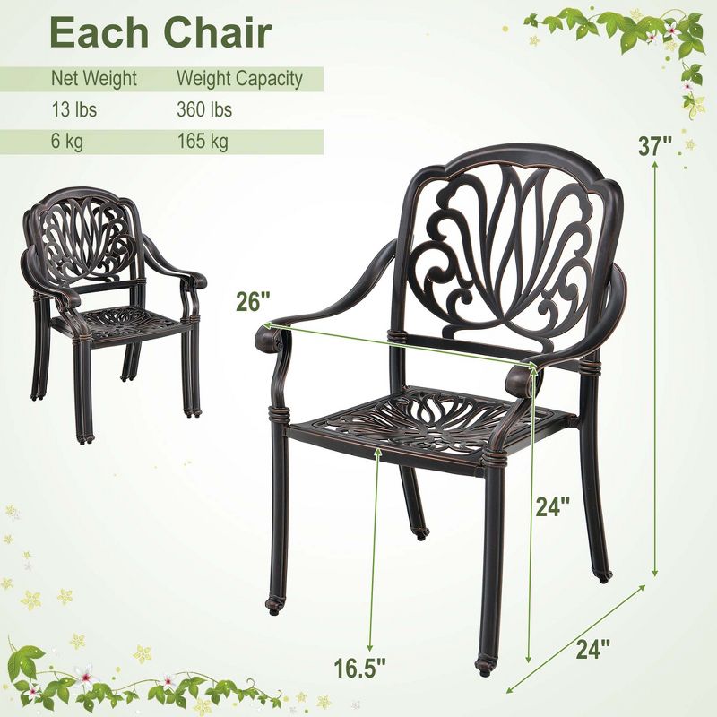 Costway 2pcs Patio Cast Aluminum Dining Chairs Armrests Outdoor Stackable Bronze/White, 4 of 9