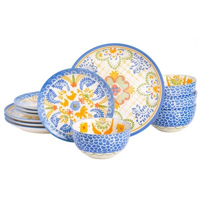 Laurie Gates 12pc Tierra Tile Hand Painted Stoneware Dinnerware Set - Blue/Yellow