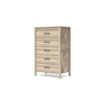 Tan Oak Grain Mid-Century 5-Drawer Dresser with Chevron Pattern