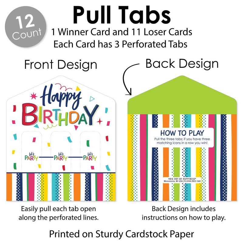 Big Dot of Happiness Cheerful Happy Birthday - Colorful Birthday Party Game Pickle Cards - Pull Tabs 3-in-a-Row - Set of 12, 5 of 7