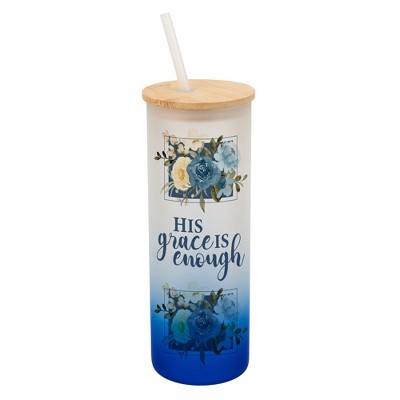 Elanze Designs His Grace Is Enough Faith Floral Frame Wrap-Around Design 25 Ounce Frosted Gradient Glass On-The-Go Coffee Travel Skinny Tumbler Mug