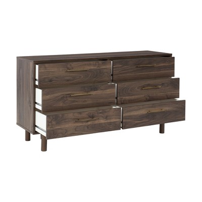 Dark Brown 6-Drawer Walnut Wood Dresser with Goldtone Handles