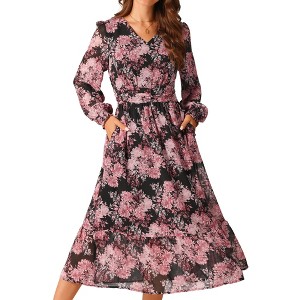 INSPIRE CHIC Women's Long Sleeve Floral V Neck Boho Ruffle Tiered Flowy Chiffon Midi Dress with Pocket - 1 of 3