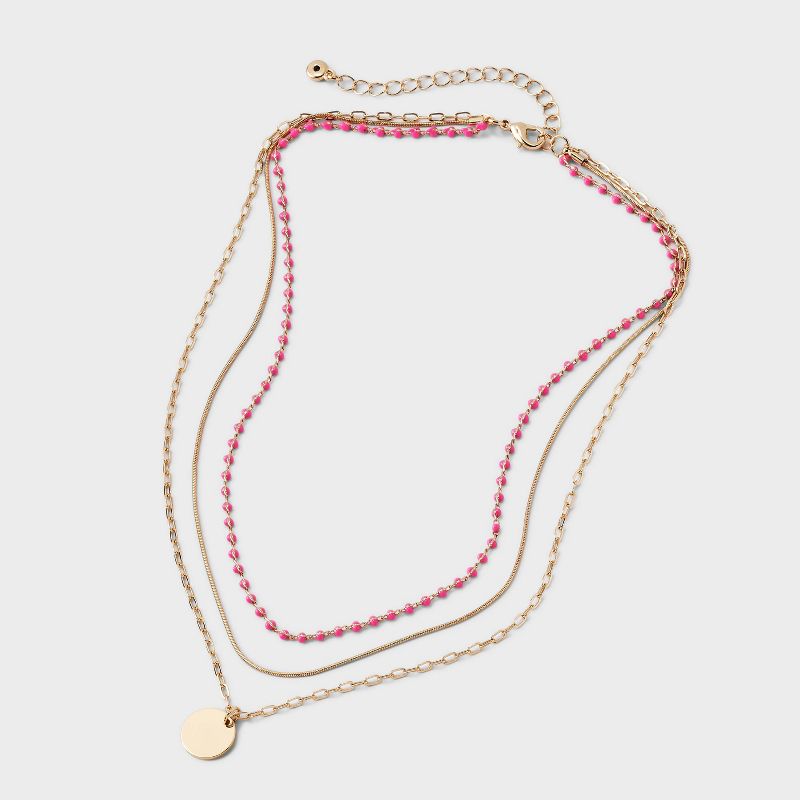 Layered Chain &#38; Bead Necklace - Universal Thread&#8482; Gold/Pink, 3 of 5