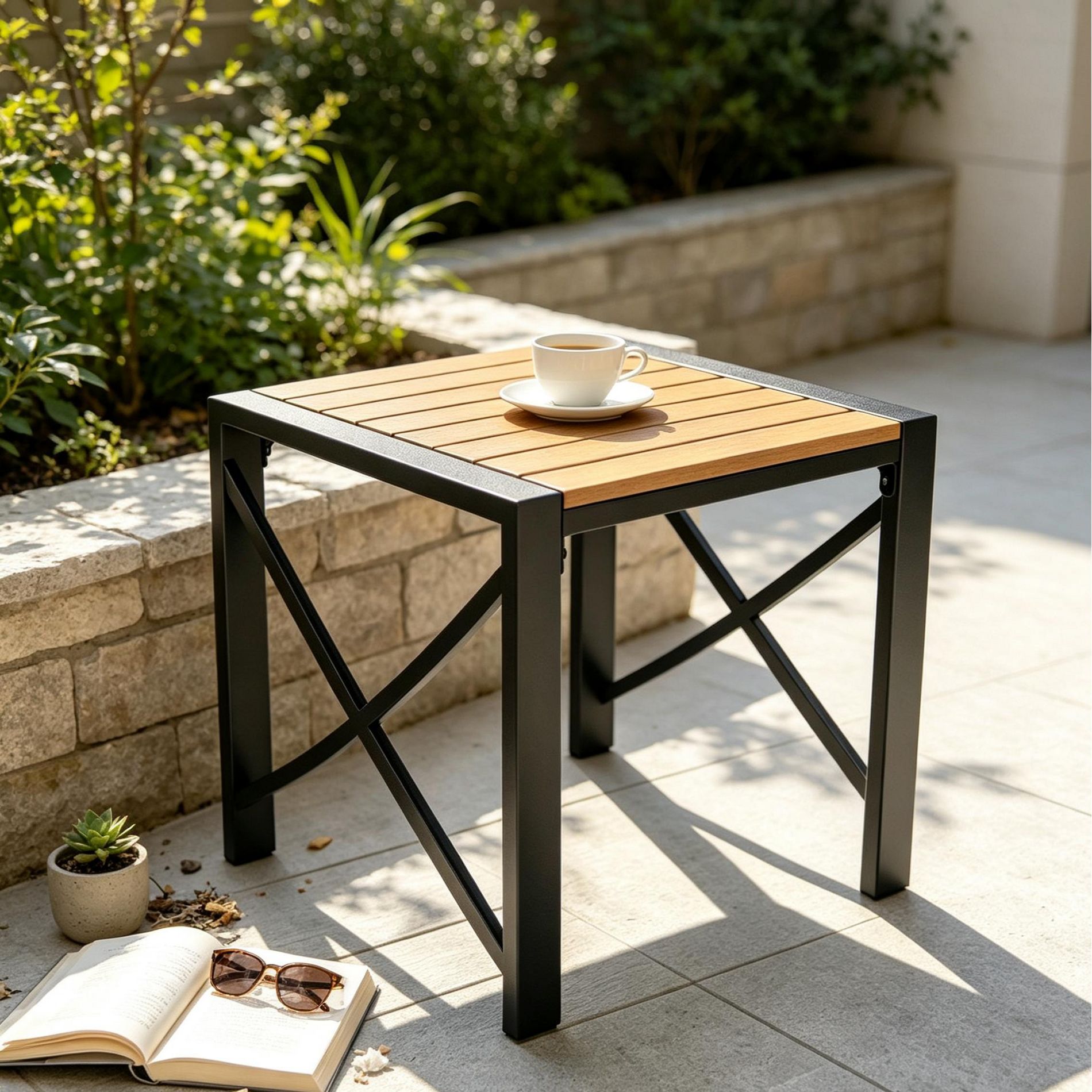 Heynemo 19" Square Metal Outdoor Side Table with Wood-Look HDPS Top, Weather-Resistant Patio Coffee Table