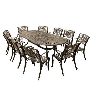 11pc Patio Dining Set with 95" Contemporary Modern Ornate Mesh Lattice Aluminum Oval Dining Table - Bronze - Oakland Living