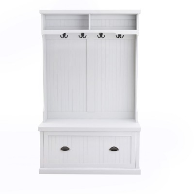 GlasFlength Wardrobe Cabinet with Hooks and Shelves, Classic Entryway Design, White, 40.16" * 18.5" * 64.57"