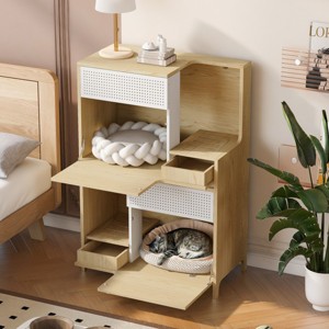 Furniture-Style Wooden Cat Litter Box Enclosure With Flip-Down Doors And Hidden Storage,Multi-Use Side Table–LAOTIES - 1 of 4