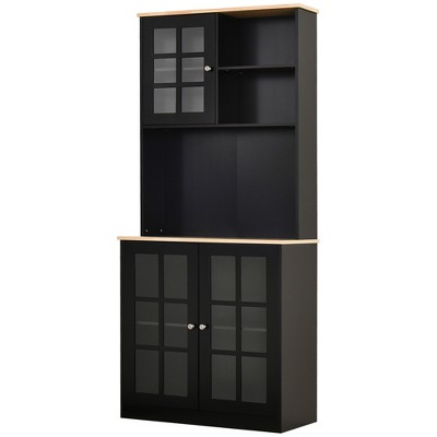 Sleek Modern Black Kitchen Buffet with Glass Door Hutch