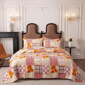 Hachikiko Sunflower Patchwork Cotton Quilt Set,Farmhouse Country Bedspread with Shams - 1 of 4