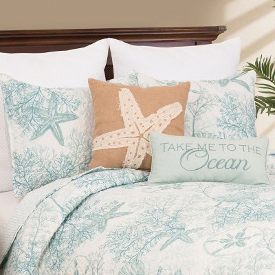 Twin Blue Microfiber Reversible Coastal Quilt Set