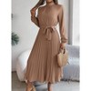 Women Pleated Dress Long Sleeve Stand Up Collar A-Line Flowing Dress With Belt - 2 of 4