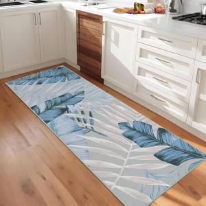 Modern Colorful Leaf Printed Runner Rug, Low Pile Stain-Resistant Carpet with Non-Slip Backing, Floor Cover for Kitchen, Hallway, Entryway - 1 of 4