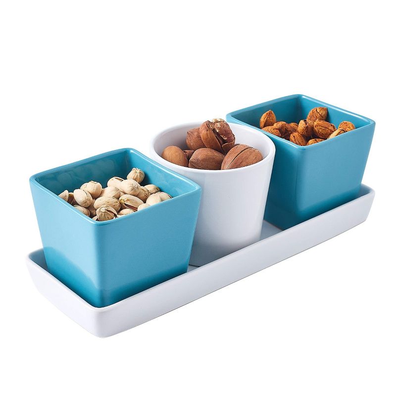 Bruntmor 4-Piece Ceramic Square and Round Serving Bowl Set with Tray in White and Teal, 1 of 7