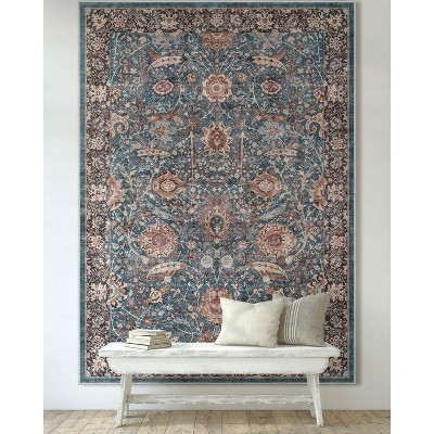 Teal Blue Vintage Floral 9'10" x 13' Washable Area Rug