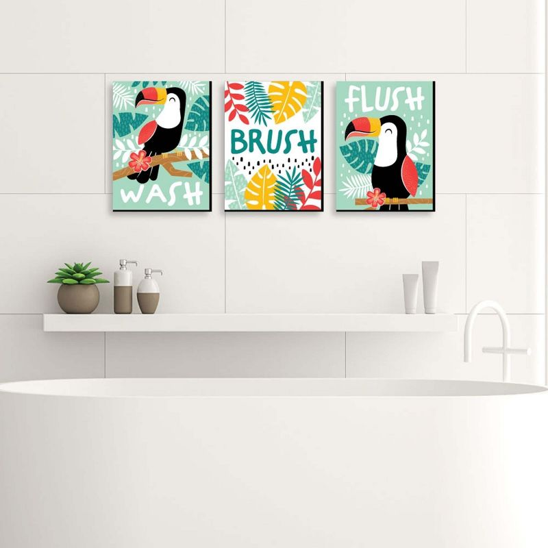 Big Dot of Happiness Calling All Toucans - Tropical Bird Kids Bathroom Rules Wall Art - 7.5 x 10 inches - Set of 3 Signs - Wash, Brush, Flush, 2 of 7