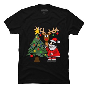 Men's Design By Humans Funny Cute Santa Claus and Christmas Reindeer by Tree By SmileToday T-Shirt - 1 of 4