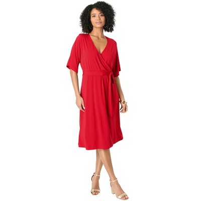 Roaman's Women's Plus Size Flutter Sleeve Faux Wrap Dress