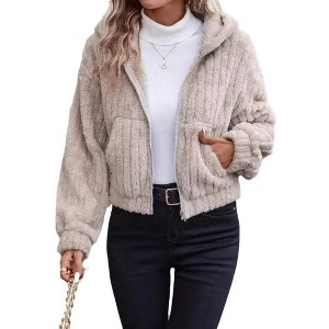 Coolmee Women's Coat Winter Outerwear Zip Up Drop Shoulder Hooded Flannel Short Jacket - 1 of 4