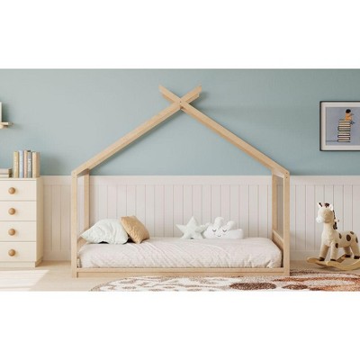 Okak House Floor Bed Twin/Full Size,Solid Wood Bed Frame with Safety Rails & Headboard, Wooden Fence Bed,Slat Not Required