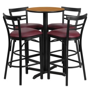 Flash Furniture 24'' Round Natural Laminate Table Set with X-Base and 4 Two-Slat Ladder Back Metal Barstools - Burgundy Vinyl Seat - 1 of 2