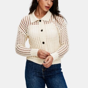 Knit & Lounge Women’s Open Knit Collared Button Down Cardigan Long Sleeve Breathable Pointelle Sweater Ribbed Hem Lightweight - 1 of 4