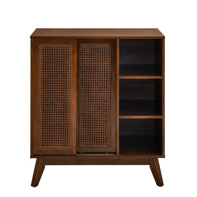 Lirago 15.75"D x 31.5"W x 36"H Mid Century Modern Rattan Sideboard Cabinet Dark Wood Buffet with Adjustable Shelves Solid Wood Feet