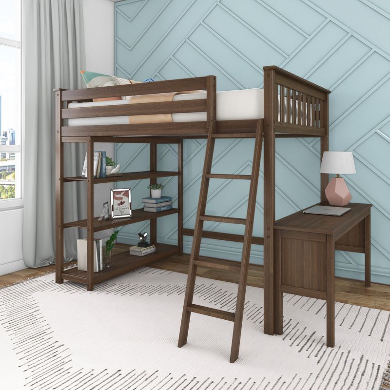 Max & Lily Full Size High Loft Bed with Desk, Ladder and Bookcase, Solid Wood Frame, Space Saving, 400 lbs Weight Capacity, Easy Assembly, 2 of 5