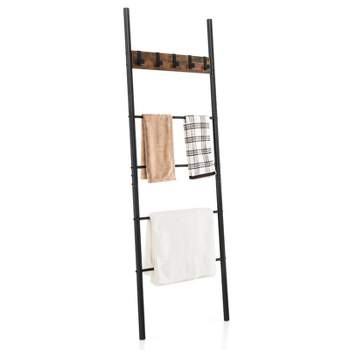 Tangkula Wall-Leaning Blanket Towel Ladder 5-Tier Quilt Ladder with 5 Removable Hooks Home Industrial Storage Shelf w/ Anti-slip Foot Pads