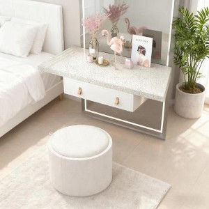ACEPANO 22 in. W Round Linen Fabric Ottoman with Flip-Top Tray & Storage Space-Cream White - 1 of 4