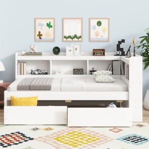 Twin Size Bed with L-shaped Bookcases & USB Charging Ports, Solid Wood Frame Bed with Storage Drawers for Small Spaces-Baofuwish - 1 of 4