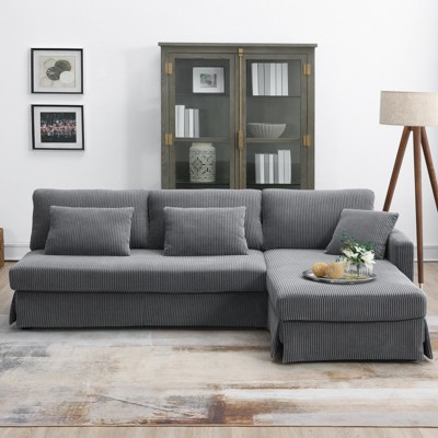 FONTOI Sectional Sofas, L-shaped Sofa with Pleated Skirt, Convertible Sleeper Couch with Pillows for Living Room Apartment, Gray, 87"*33"*61"