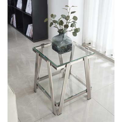 NicBex Modern Double-Layer Clear Tempered Glass Coffee Table with Unique Stainless Steel Legs,Living Room End Table with Storage