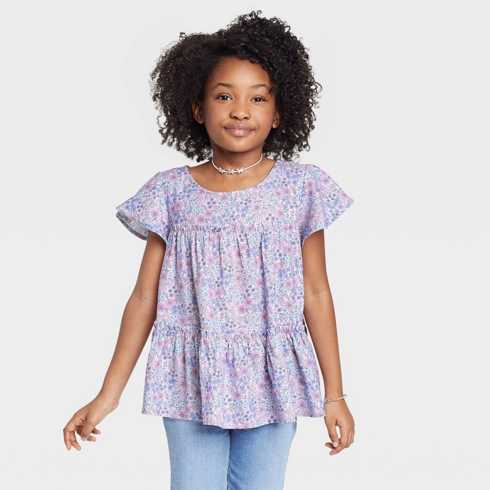 Size XS (4/5) Girls' Printed Tiered Short Sleeve Woven Top - Cat & Jack Light Purple XS