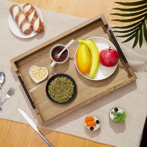 Acacia Wood Serving Tray with Metal Handles, 17x12 Inch Decorative Ottoman Tray for Coffee Table, Breakfast in Bed Tray, Multipurpose Serving Tray - 1 of 4
