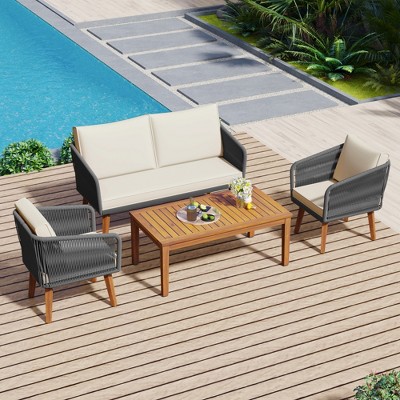 4pcs Outdoor Conversation Set, Patio Upholstered Seating Group with a Loveseat Sofa, a Coffee Table and Two Chairs -ModernLuxe
