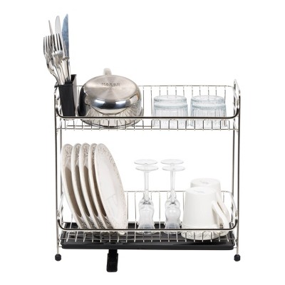 IRIS Stainless Steel 2-Tier Compact Dish Rack with Black Tray