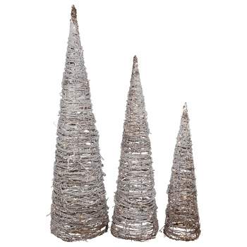 Northlight Set of 3 LED Lighted Snowy Rattan Christmas Cone Tree Decorations 3.25'