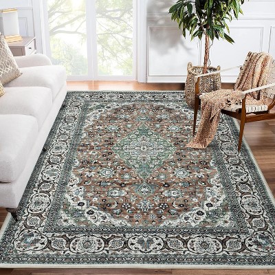 Vintage Medallion Rug Washable Stain-Resistant Non-Slip Low Pile Carpet Easy-Clean Indoor Dining Room Office