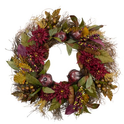 Northlight Mums and Pomegranates Artificial Fall Harvest Floral Wreath, 28-Inch