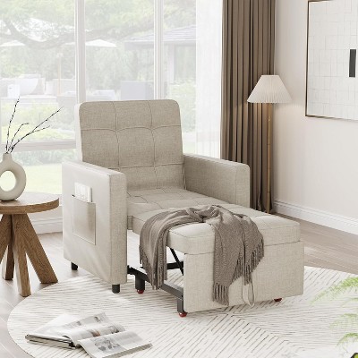 3-in-1 Convertible Sleeper Chair Bed, Pull-Out Sofa Bed with Adjustable Backrest & Modern Linen Fabric, Space-Saving Chair