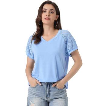 Allegra K Women's Lace Short Sleeves Casual V Neck Basic T-Shirt