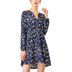 INSPIRE CHIC Women's Spring Floral Long Sleeves V Neck Casual Babydoll Tiered Dress - 1 of 4