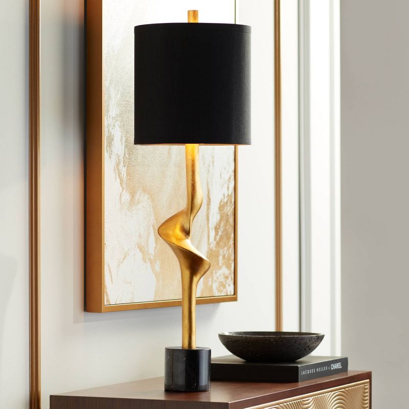 Possini Euro Design Minerva 32" Tall Large Modern Glam Luxury End Table Lamp Gold Leaf Finish Marble Single Black Shade Living Room Bedroom Bedside, 2 of 10